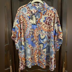 Blue & orange boho pattern satin shirt drop sleeve boxy blouse M generously cut